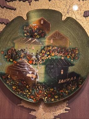 Hand-Painted sascha brastoff MCM ashtray with Village Motif